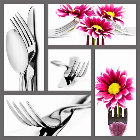 simsearch:700-05642632,k - Collage of cutlery in different positions on white with space for text Fotografie stock - Microstock e Abbonamento, Codice: 400-04328247