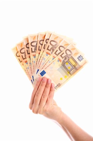 A picture of a hand holding euro fifty-euro notes over white background Stock Photo - Budget Royalty-Free & Subscription, Code: 400-04328383