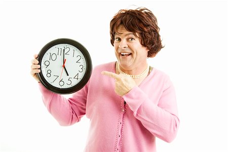 simsearch:841-06031347,k - Cross dresser pointing to a clock that reads almost five o'clock.  Isolated on white. Photographie de stock - Aubaine LD & Abonnement, Code: 400-04328924