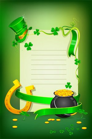 illustration of Saint Patrick's day card with hat gold pot and horse shoe Foto de stock - Super Valor sin royalties y Suscripción, Código: 400-04328954