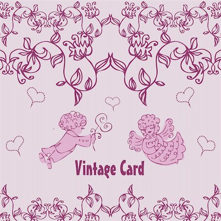 retro man woman gift - Vintage vector illustration with couple angels in love floral Stock Photo - Budget Royalty-Free & Subscription, Code: 400-04320167