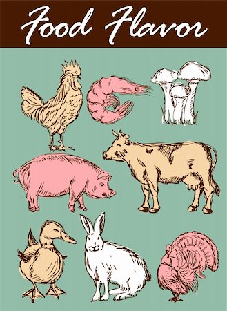 duck pig rabbit donkey - Food flavor icons vector set: farm animals - various retro-style illustrations Stock Photo - Budget Royalty-Free & Subscription, Code: 400-04320321