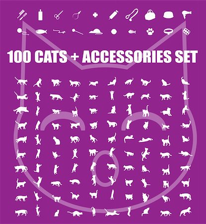 Great 100 cats and accessories icons set, vector pet emblem, cats staff sign silhouette, web buttons Stock Photo - Budget Royalty-Free & Subscription, Code: 400-04320382