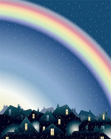 rain on roof - an illustration of a rainbow on a rainy day over dark city rooftops Stock Photo - Budget Royalty-Free & Subscription, Code: 400-04320731