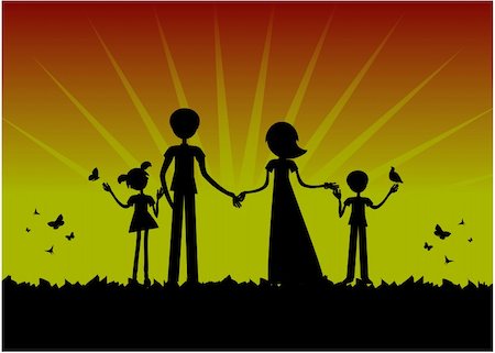 parent holding hands child silhouette - Young family Silhouette, sunset vector cartoon background Photographie de stock - Aubaine LD & Abonnement, Code: 400-04320985