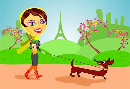 fashion dog cartoon - The young girl walks with a dog. Woman and dog and background are grouped and layered separately. Stock Photo - Budget Royalty-Free & Subscription, Code: 400-04321092