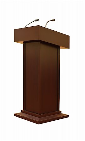 speaker at podium in auditorium - Wooden tribune with two microphones isolated on white background Stock Photo - Budget Royalty-Free & Subscription, Code: 400-04321093