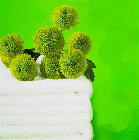 simsearch:400-05199915,k - Pile white towels on green background and   branch chrysanthemums Foto de stock - Super Valor sin royalties y Suscripción, Código: 400-04321563