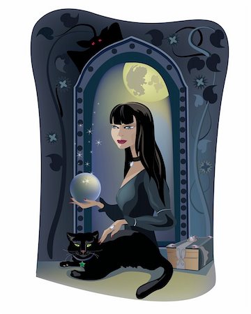 Dark headed beautiful young witch with black cat. Stock Photo - Budget Royalty-Free & Subscription, Code: 400-04321592
