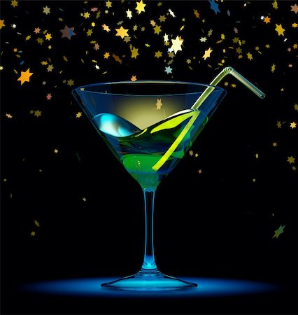Cocktail glass with stars confetti on black background. Shiny, bright yellow light. 3d render Stock Photo - Budget Royalty-Free & Subscription, Code: 400-04321993