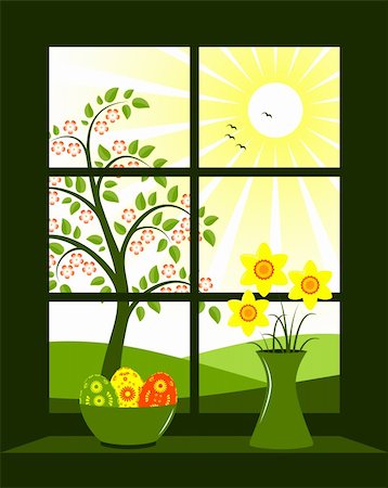 daffodil and landscape - vector easter eggs in bowl and bunch of daffodils in vase at window, Adobe Illustrator 8 format Stock Photo - Budget Royalty-Free & Subscription, Code: 400-04322299