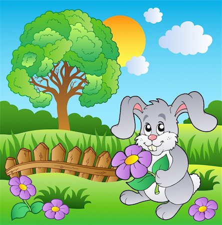 simsearch:400-04322840,k - Meadow with bunny holding flower - vector illustration. Foto de stock - Super Valor sin royalties y Suscripción, Código: 400-04322846