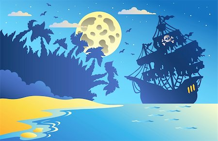 simsearch:400-04693289,k - Night seascape with pirate ship 2 - vector illustration. Foto de stock - Super Valor sin royalties y Suscripción, Código: 400-04322850