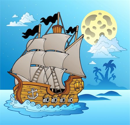 Old vessel in night seascape - vector illustration. Stock Photo - Budget Royalty-Free & Subscription, Code: 400-04322853