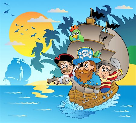 sailing artwork - Three pirates in boat near island - vector illustration. Stock Photo - Budget Royalty-Free & Subscription, Code: 400-04322870