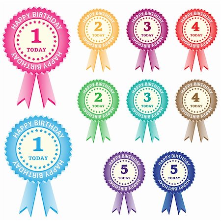 Birthday rosettes for children from 1 year to 5 years in assorted boy and girl colors. Isolated on white. Photographie de stock - Aubaine LD & Abonnement, Code: 400-04323065