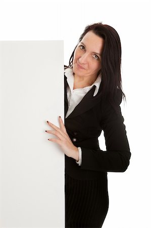 person holding up sign - Cheerful businesswomen presenting empty board. Isolated on white Stock Photo - Budget Royalty-Free & Subscription, Code: 400-04323226