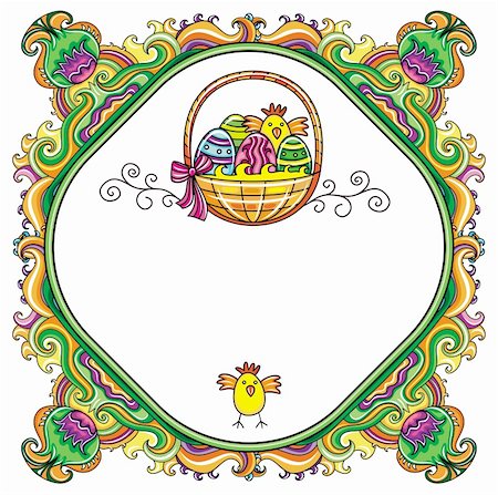 simsearch:400-04299195,k - Holiday Easter Frame with white space for your text or info: Traditional basket with colorful painted easter eggs cute chickens. Stock Photo - Budget Royalty-Free & Subscription, Code: 400-04323278