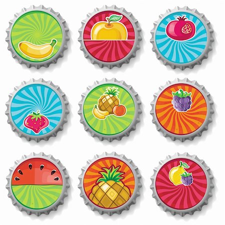 Colorful fruity set of bottle caps designes - can be used as web icon, pin, or badge Stock Photo - Budget Royalty-Free & Subscription, Code: 400-04323284