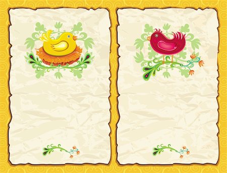 decorative flowers and birds for greetings card - Easter holiday theme: Beautiful Holiday paper arrangements with the space for your own text, cute chicken, red bird and floral pattern. Stock Photo - Budget Royalty-Free & Subscription, Code: 400-04323282
