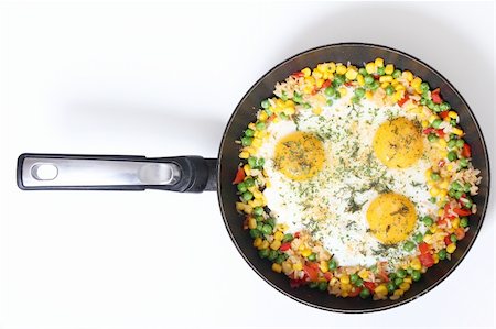 fried egg and pepper - Eggs and vegetables in a frying pan isolated on white Stock Photo - Budget Royalty-Free & Subscription, Code: 400-04323335