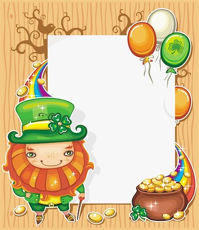 simsearch:400-04316567,k - St Patrick's Day celebration illustration featuring Irish holidays symbols: leprechaun in a green coat and hat, pot of gold, golden shiny coins, magical rainbow, Irish flag color baloons flying around. White message board with space for your text inside, on Wooden background with curly floral patterns and birds. Foto de stock - Royalty-Free Super Valor e Assinatura, Número: 400-04323355