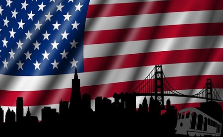 USA American Flag with Golden Gate Bridge San Francisco Skyline Silhouette Illustration Stock Photo - Budget Royalty-Free & Subscription, Code: 400-04323764