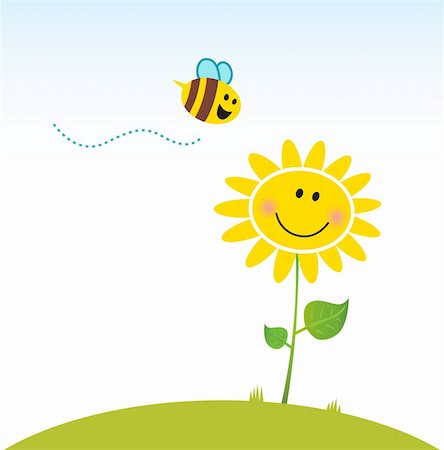 Happy sunflower and cute little bee. Vector Illustration. Stock Photo - Budget Royalty-Free & Subscription, Code: 400-04323803