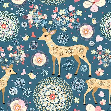 simsearch:400-04910406,k - seamless color pattern with fabulous deer and flowers and hearts on a blue background Foto de stock - Super Valor sin royalties y Suscripción, Código: 400-04323884