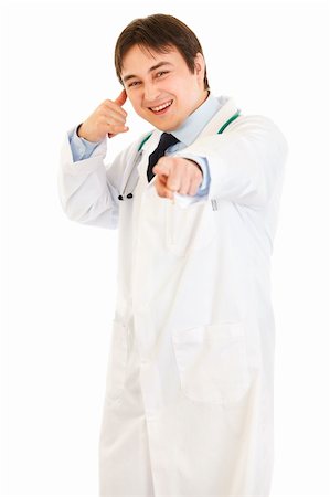 simsearch:400-04351236,k - Cheerful medical doctor showing contact me gesture isolated on white Photographie de stock - Aubaine LD & Abonnement, Code: 400-04334101