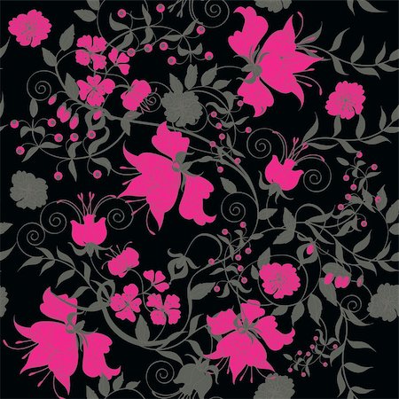 Decorative seamless black background with pink flowers. Photographie de stock - Aubaine LD & Abonnement, Code: 400-04334251