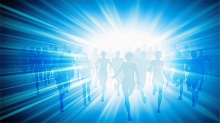 explosive runner - Illustration of a large group of people running with a burst of white light on a blue background Stock Photo - Budget Royalty-Free & Subscription, Code: 400-04334400