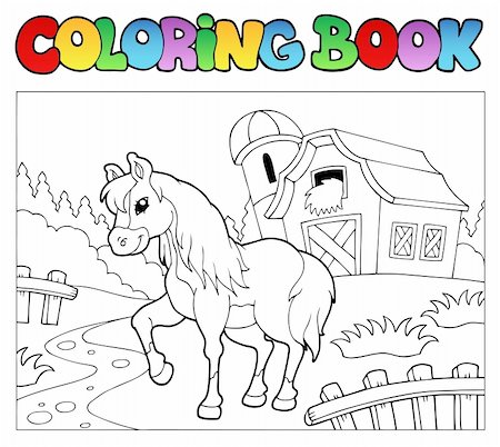 Coloring book with farm and horse - vector illustration. Stock Photo - Budget Royalty-Free & Subscription, Code: 400-04334537