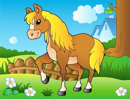 ranch cartoon - Cartoon horse on spring meadow - vector illustration. Stock Photo - Budget Royalty-Free & Subscription, Code: 400-04334530