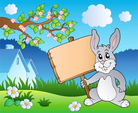 simsearch:400-04399049,k - Meadow with bunny holding board - vector illustration. Foto de stock - Royalty-Free Super Valor e Assinatura, Número: 400-04334555