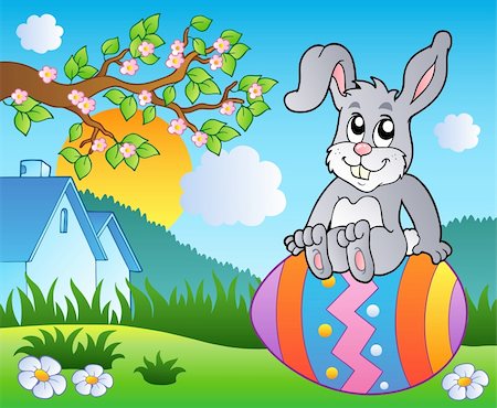 painted happy flowers - Meadow with bunny on Easter egg - vector illustration. Stock Photo - Budget Royalty-Free & Subscription, Code: 400-04334556