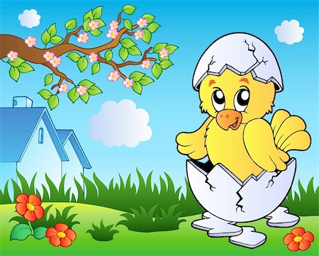 simsearch:400-06525548,k - Meadow with cute chicken in egg - vector illustration. Foto de stock - Super Valor sin royalties y Suscripción, Código: 400-04334557