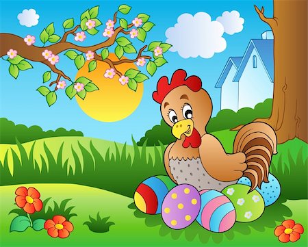 painted happy flowers - Meadow with hen and Easter eggs - vector illustration. Stock Photo - Budget Royalty-Free & Subscription, Code: 400-04334558