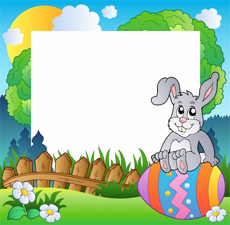 painted happy flowers - Easter frame with bunny on egg - vector illustration. Stock Photo - Budget Royalty-Free & Subscription, Code: 400-04334552