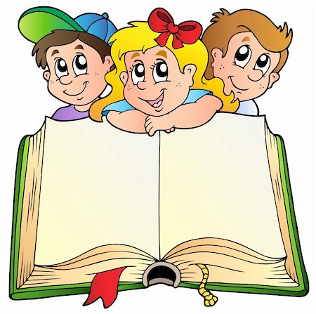 simsearch:400-04267682,k - Three children with opened book - vector illustration. Foto de stock - Royalty-Free Super Valor e Assinatura, Número: 400-04334561