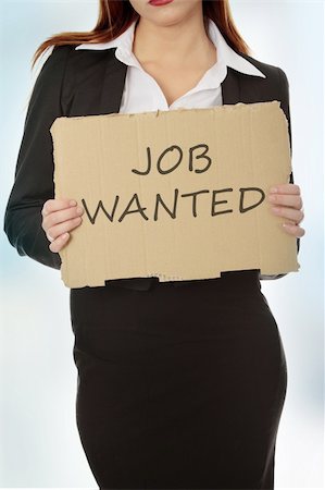 Unemployed businesswoman with cardboard sign - job wanted. Stock Photo - Budget Royalty-Free & Subscription, Code: 400-04334590