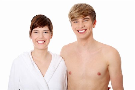 face cream male - Young couple at bathroom. Isolated on white. Stock Photo - Budget Royalty-Free & Subscription, Code: 400-04334671