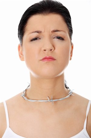 Throat pain concept. Young woman with barbed wire around her throat. Isolated on white Stock Photo - Budget Royalty-Free & Subscription, Code: 400-04335061