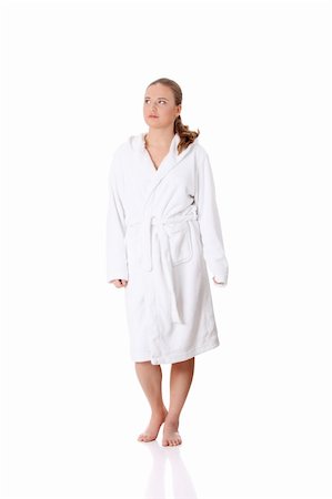 Full portrait of young beautiful woman wearing bathrobe, isolated on white Stock Photo - Budget Royalty-Free & Subscription, Code: 400-04335125