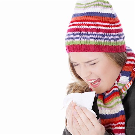 pneumonia - Sneezing woman with handkerchief , isolated on white Stock Photo - Budget Royalty-Free & Subscription, Code: 400-04335120