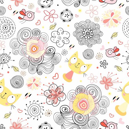 retro cat pattern - seamless black floral pattern and a colored cats and birds on a white background Stock Photo - Budget Royalty-Free & Subscription, Code: 400-04335644