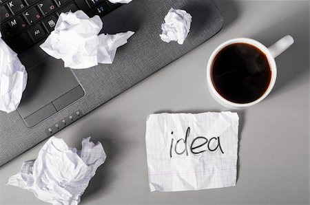 stress coffee - laptop, sheet of paper and crumpled wads on table. Stock Photo - Budget Royalty-Free & Subscription, Code: 400-04335698