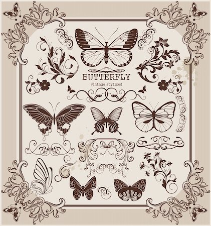 simsearch:400-08836820,k - Set of vintage stylized butterflies and design elements Photographie de stock - Aubaine LD & Abonnement, Code: 400-04335719