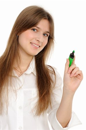 sales training - woman drawing something on screen with a pen - isolated over a white background Stock Photo - Budget Royalty-Free & Subscription, Code: 400-04335763