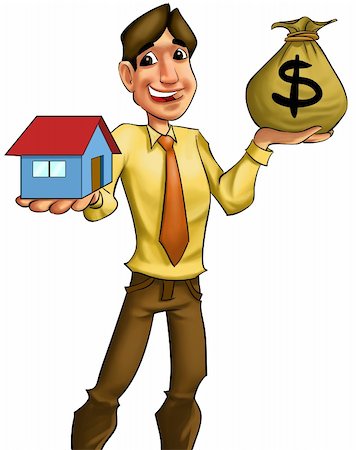 dollar sign and building illustration - young man with a bag of money going to sell or to buy a house Stock Photo - Budget Royalty-Free & Subscription, Code: 400-04335809